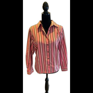 Fox Croft Womens Blouse Size 14 Pink Brown Striped Button Down Top Collared
